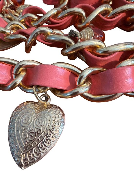 Vintage The Limited Gold Chain Link Belt Coral Leather Charms Hearts 37\
